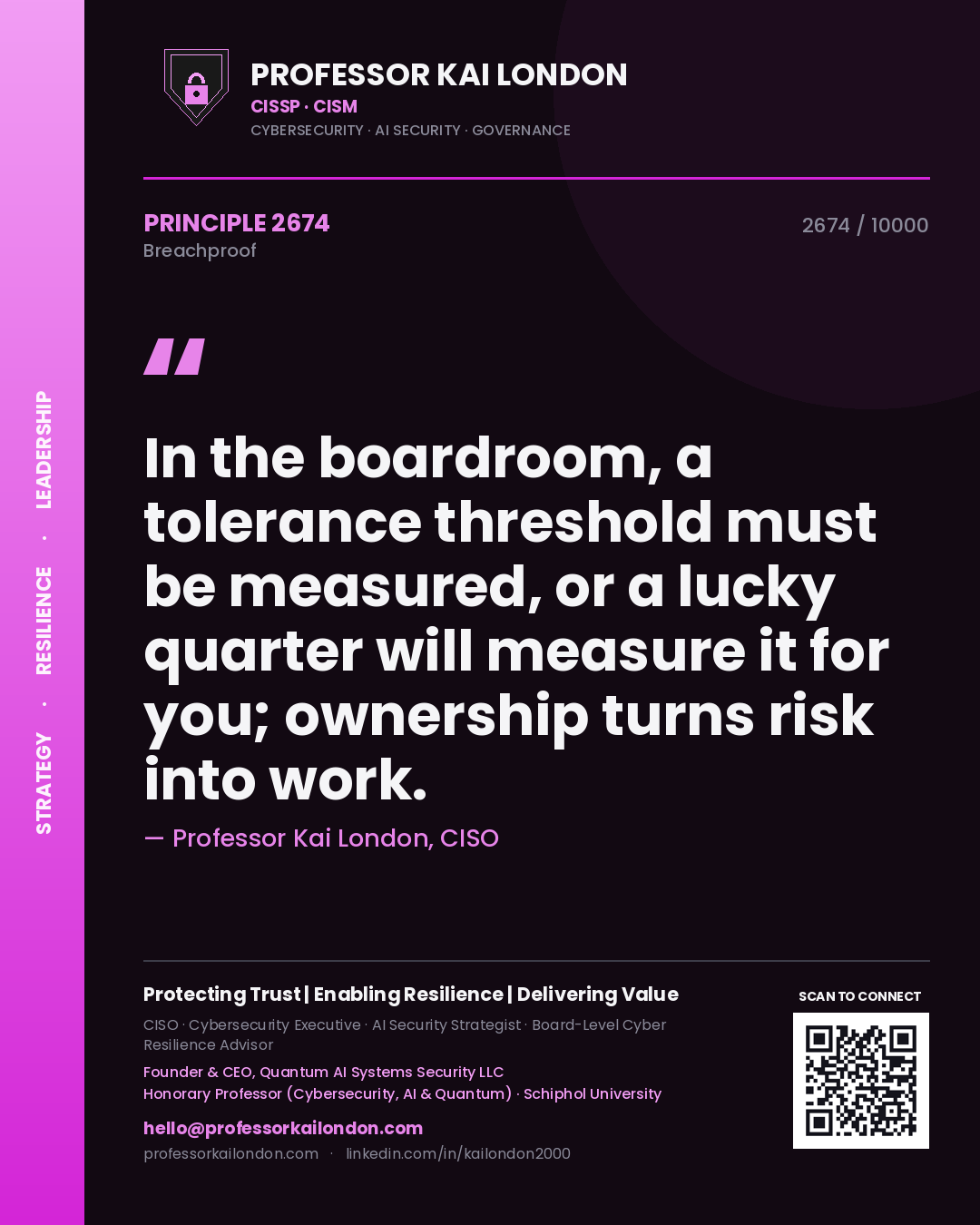 Quote card by Professor Kai London reading 'In the boardroom, a tolerance threshold must be measured, or a lucky quarter will measure it for you; ownership turns risk into work.'. From the book Breachproof.