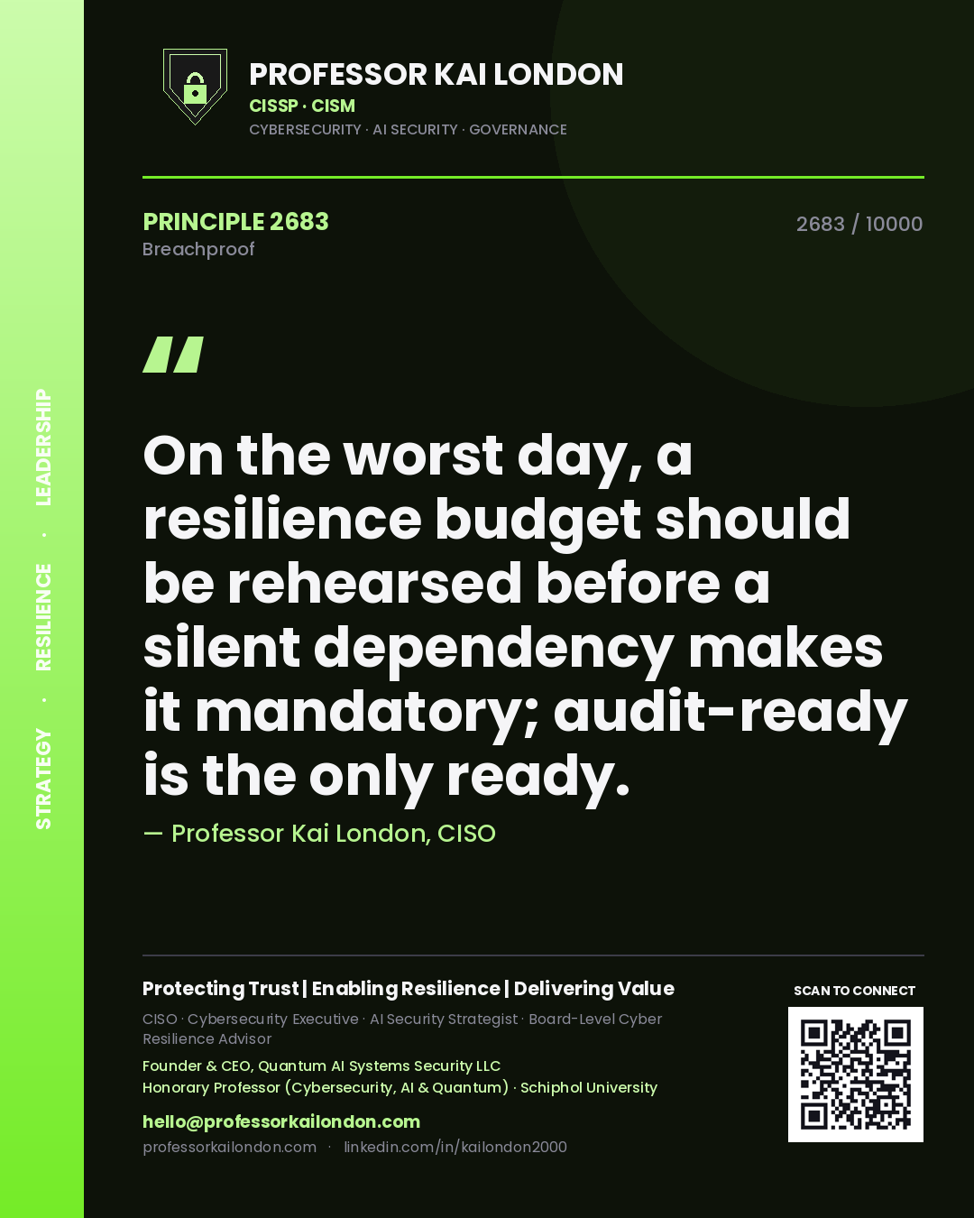 Professor Kai London principle 2683: On the worst day, a resilience budget should be rehearsed before a silent dependency makes it mandatory; audit-ready is the only ready.