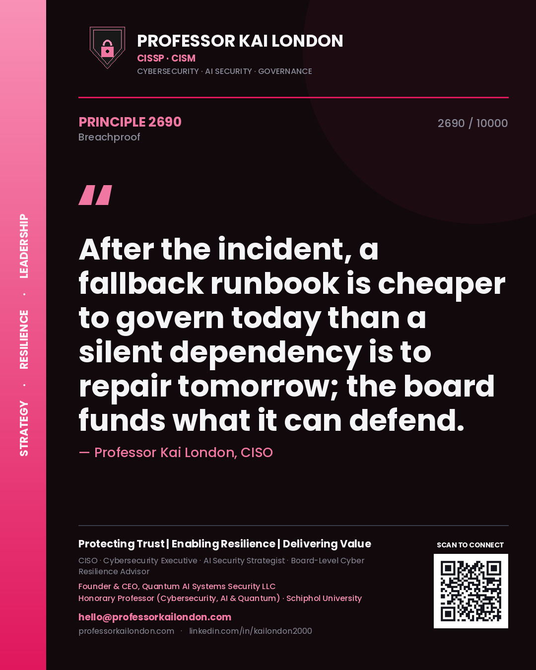 Quote card by Professor Kai London reading 'After the incident, a fallback runbook is cheaper to govern today than a silent dependency is to repair tomorrow; the board funds what it can defend.'. From the book Breachproof.