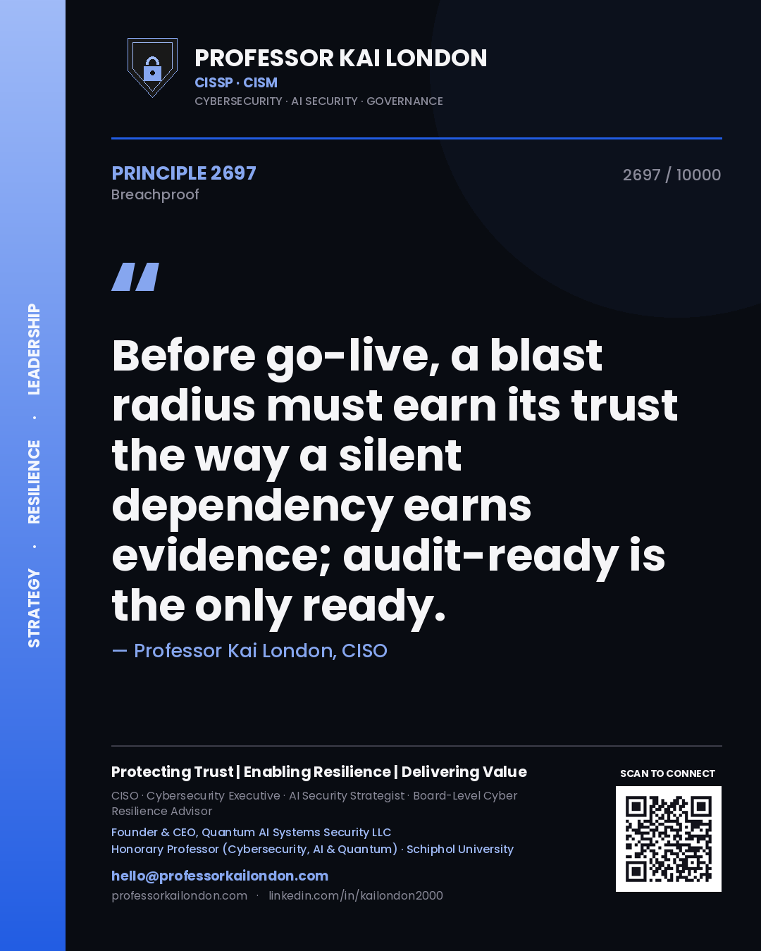 Professor Kai London principle 2697: Before go-live, a blast radius must earn its trust the way a silent dependency earns evidence; audit-ready is the only ready.