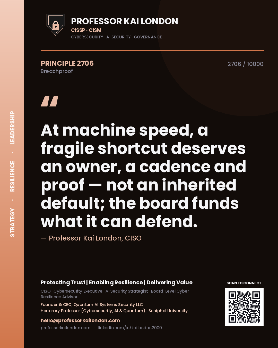 Quote card by Professor Kai London reading 'At machine speed, a fragile shortcut deserves an owner, a cadence and proof — not an inherited default; the board funds what it can defend.'. From the book Breachproof.