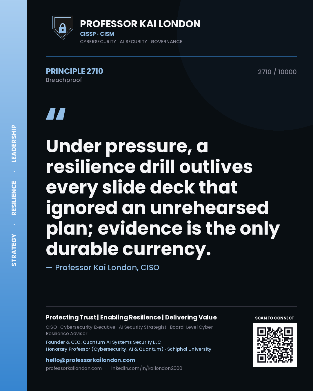 Quote card by Professor Kai London reading 'Under pressure, a resilience drill outlives every slide deck that ignored an unrehearsed plan; evidence is the only durable currency.'. From the book Breachproof.
