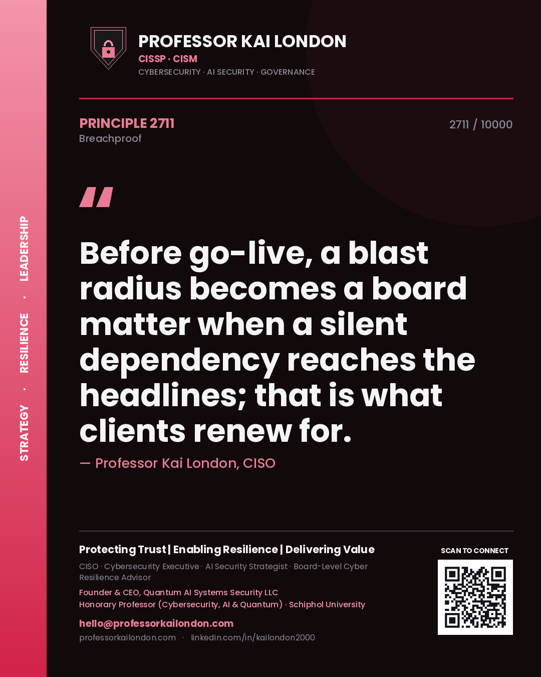 Quote card by Professor Kai London reading 'Before go-live, a blast radius becomes a board matter when a silent dependency reaches the headlines; that is what clients renew for.'. From the book Breachproof.