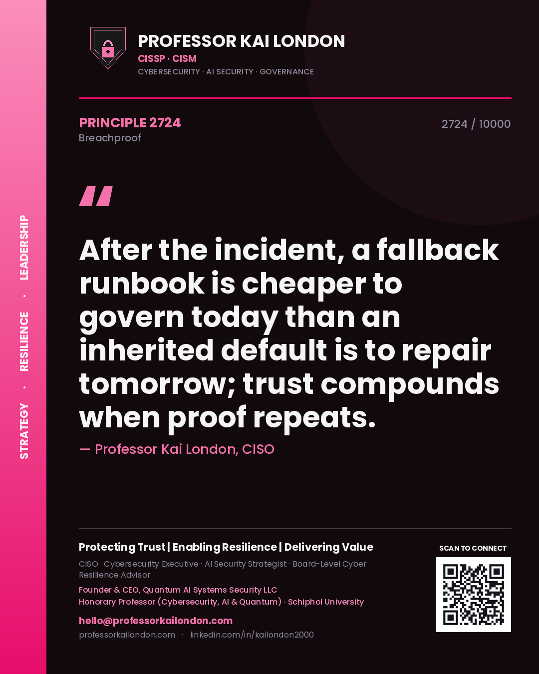 Quote card by Professor Kai London reading 'After the incident, a fallback runbook is cheaper to govern today than an inherited default is to repair tomorrow; trust compounds when proof repeats.'. From the book Breachproof.
