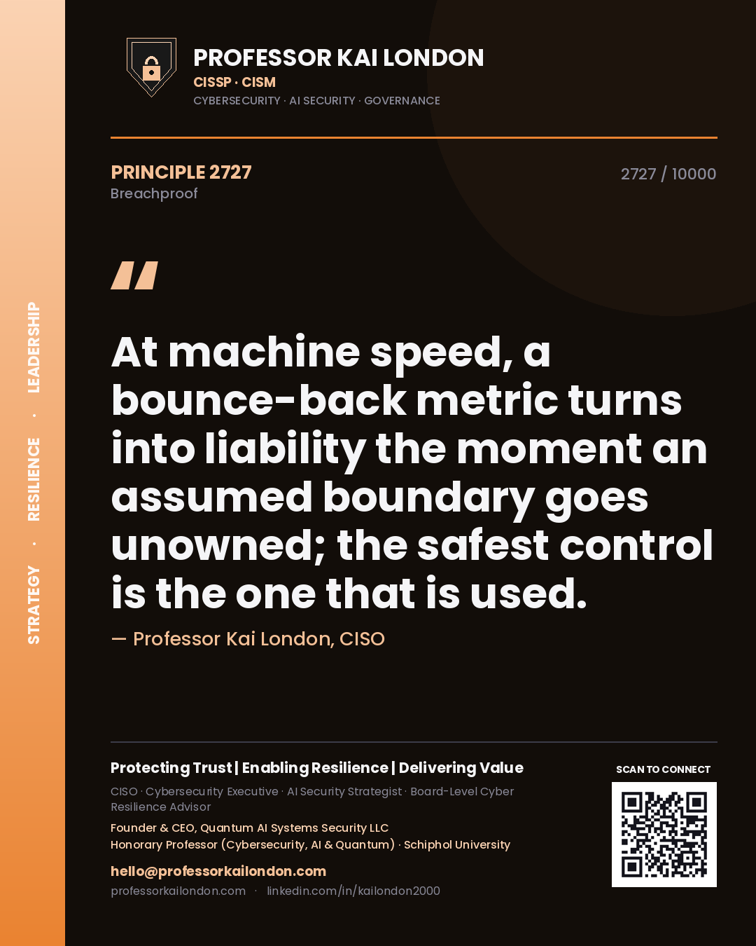 Quote card by Professor Kai London reading 'At machine speed, a bounce-back metric turns into liability the moment an assumed boundary goes unowned; the safest control is the one that is used.'. From the book Breachproof.