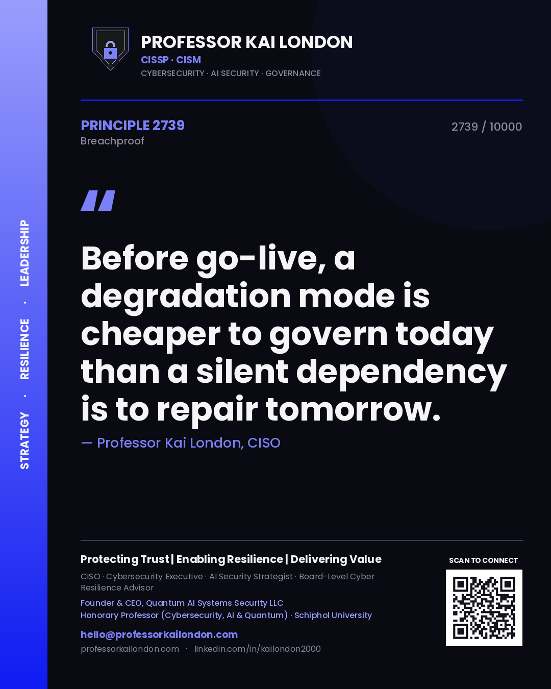 Quote card by Professor Kai London reading 'Before go-live, a degradation mode is cheaper to govern today than a silent dependency is to repair tomorrow.'. From the book Breachproof.