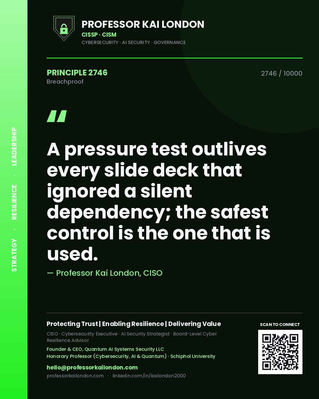 Quote card by Professor Kai London reading 'A pressure test outlives every slide deck that ignored a silent dependency; the safest control is the one that is used.'. From the book Breachproof.