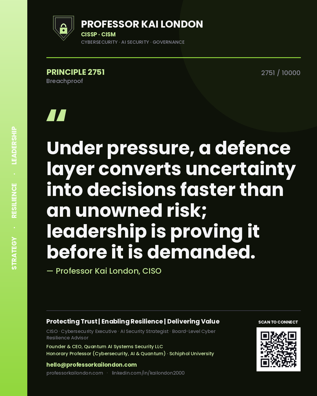 Quote card by Professor Kai London reading 'Under pressure, a defence layer converts uncertainty into decisions faster than an unowned risk; leadership is proving it before it is demanded.'. From the book Breachproof.