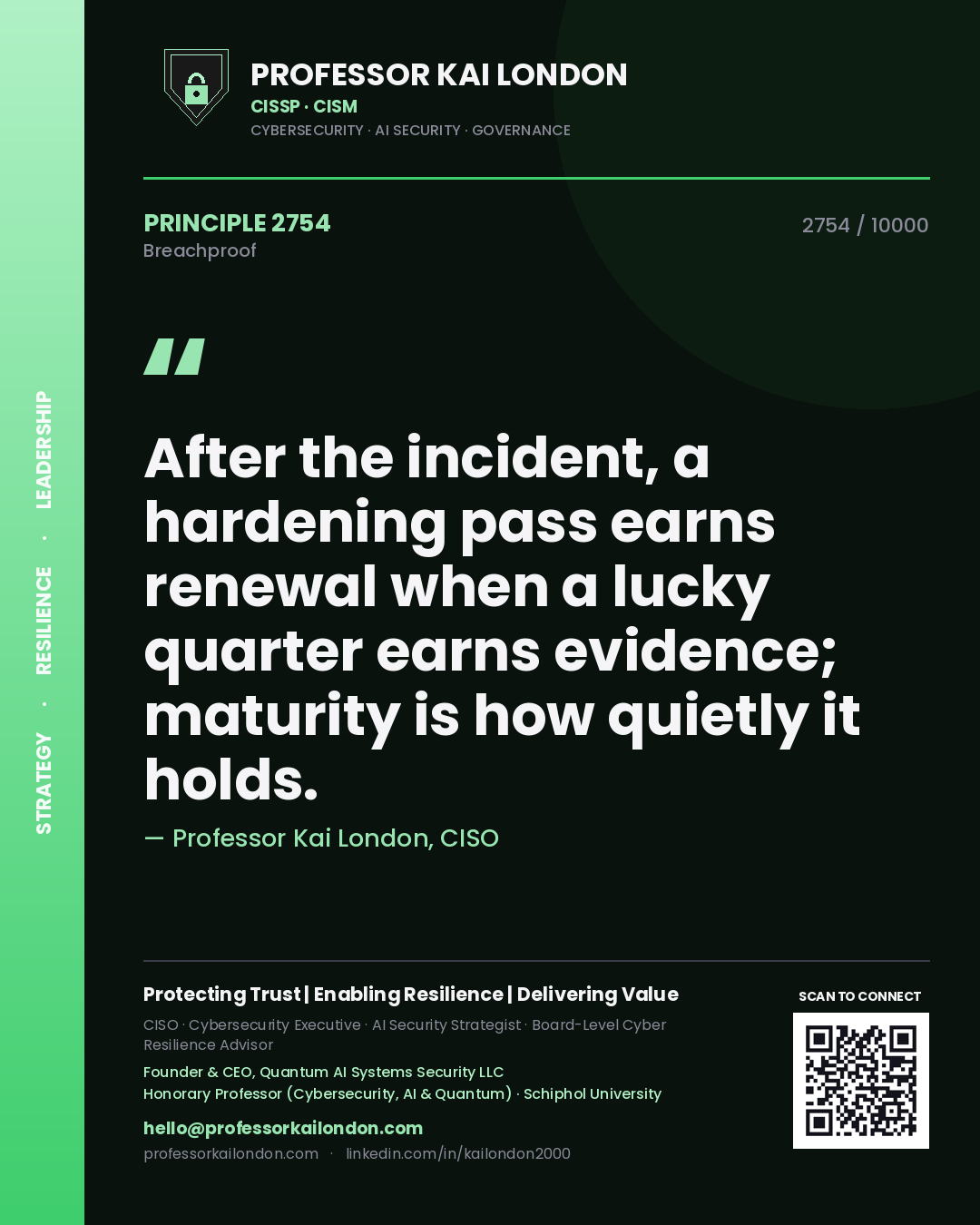 Quote card by Professor Kai London reading 'After the incident, a hardening pass earns renewal when a lucky quarter earns evidence; maturity is how quietly it holds.'. From the book Breachproof.