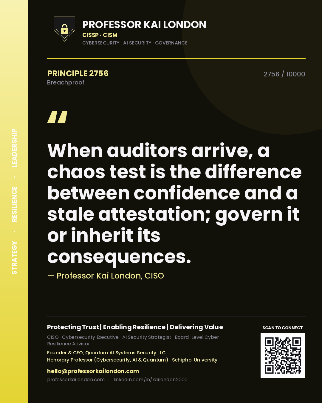 Quote card by Professor Kai London reading 'When auditors arrive, a chaos test is the difference between confidence and a stale attestation; govern it or inherit its consequences.'. From the book Breachproof.