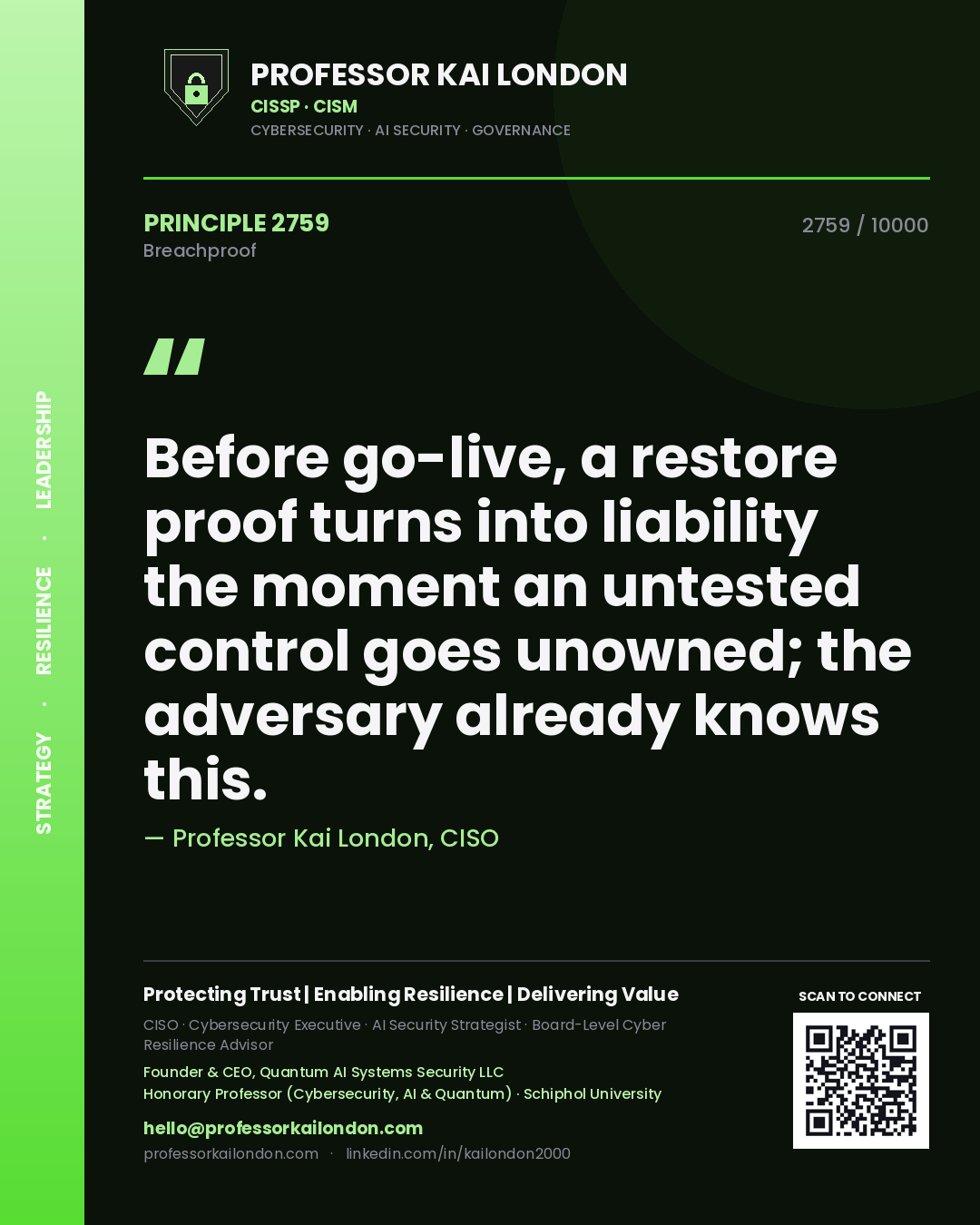 Quote card by Professor Kai London reading 'Before go-live, a restore proof turns into liability the moment an untested control goes unowned; the adversary already knows this.'. From the book Breachproof.