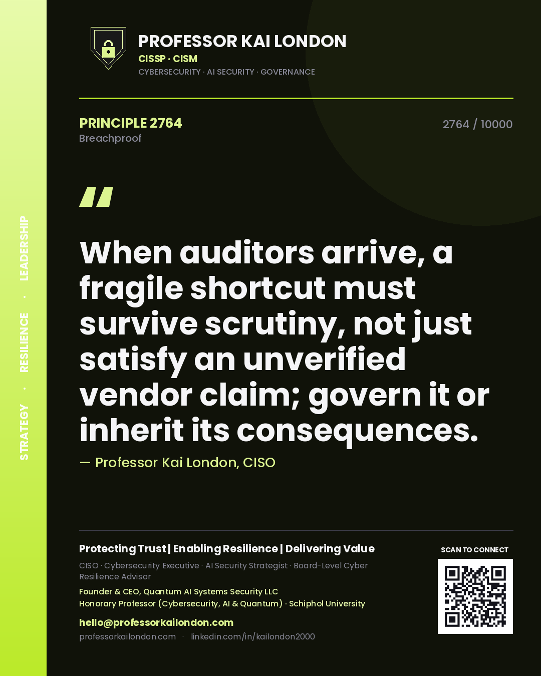 Quote card by Professor Kai London reading 'When auditors arrive, a fragile shortcut must survive scrutiny, not just satisfy an unverified vendor claim; govern it or inherit its consequences.'. From the book Breachproof.
