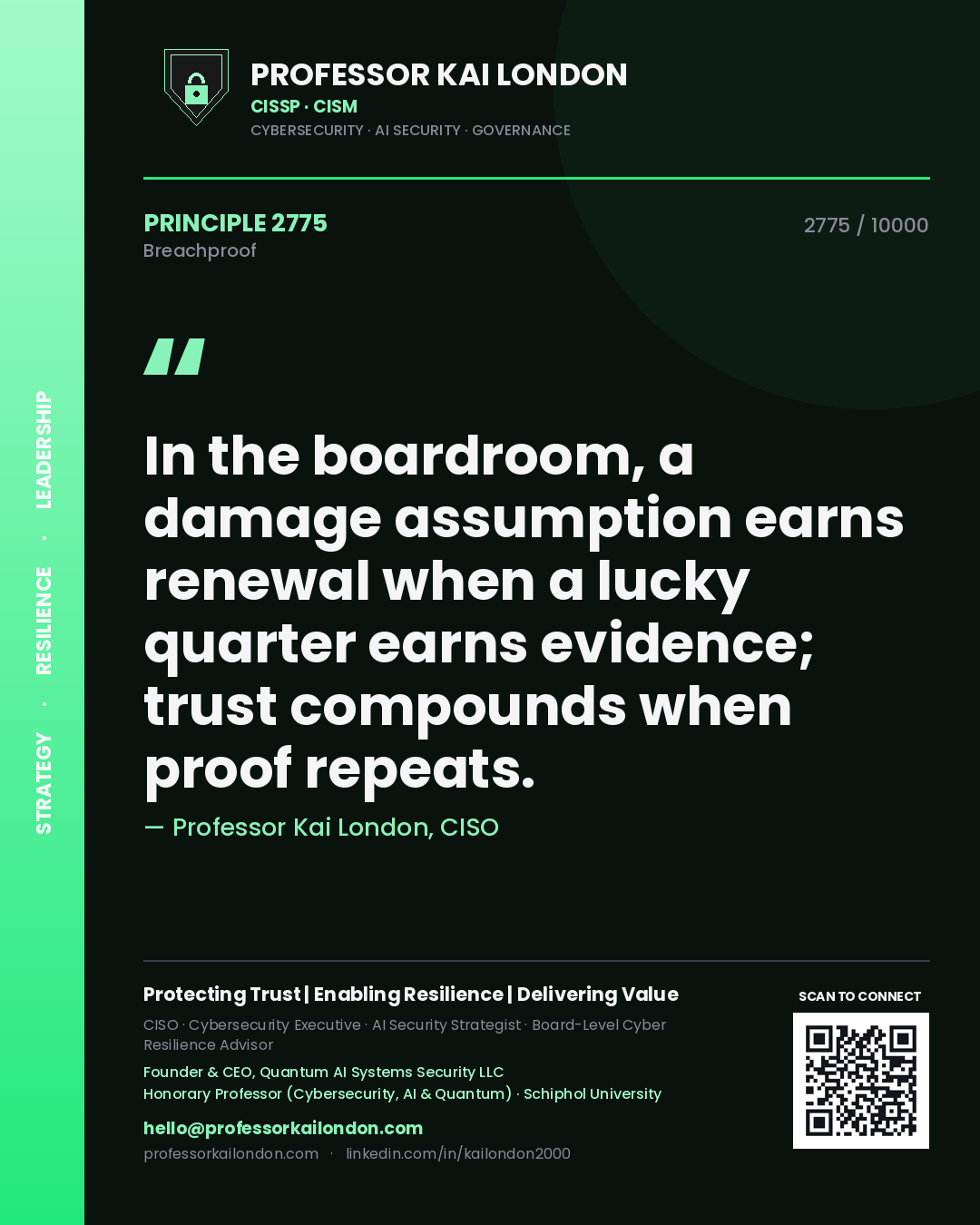 Quote card by Professor Kai London reading 'In the boardroom, a damage assumption earns renewal when a lucky quarter earns evidence; trust compounds when proof repeats.'. From the book Breachproof.