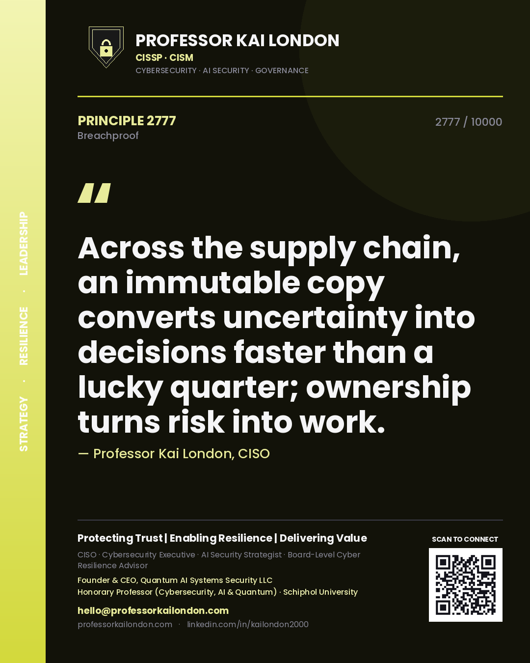 Quote card by Professor Kai London reading 'Across the supply chain, an immutable copy converts uncertainty into decisions faster than a lucky quarter; ownership turns risk into work.'. From the book Breachproof.