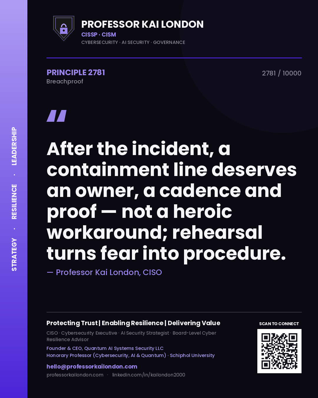 Quote card by Professor Kai London reading 'After the incident, a containment line deserves an owner, a cadence and proof — not a heroic workaround; rehearsal turns fear into procedure.'. From the book Breachproof.