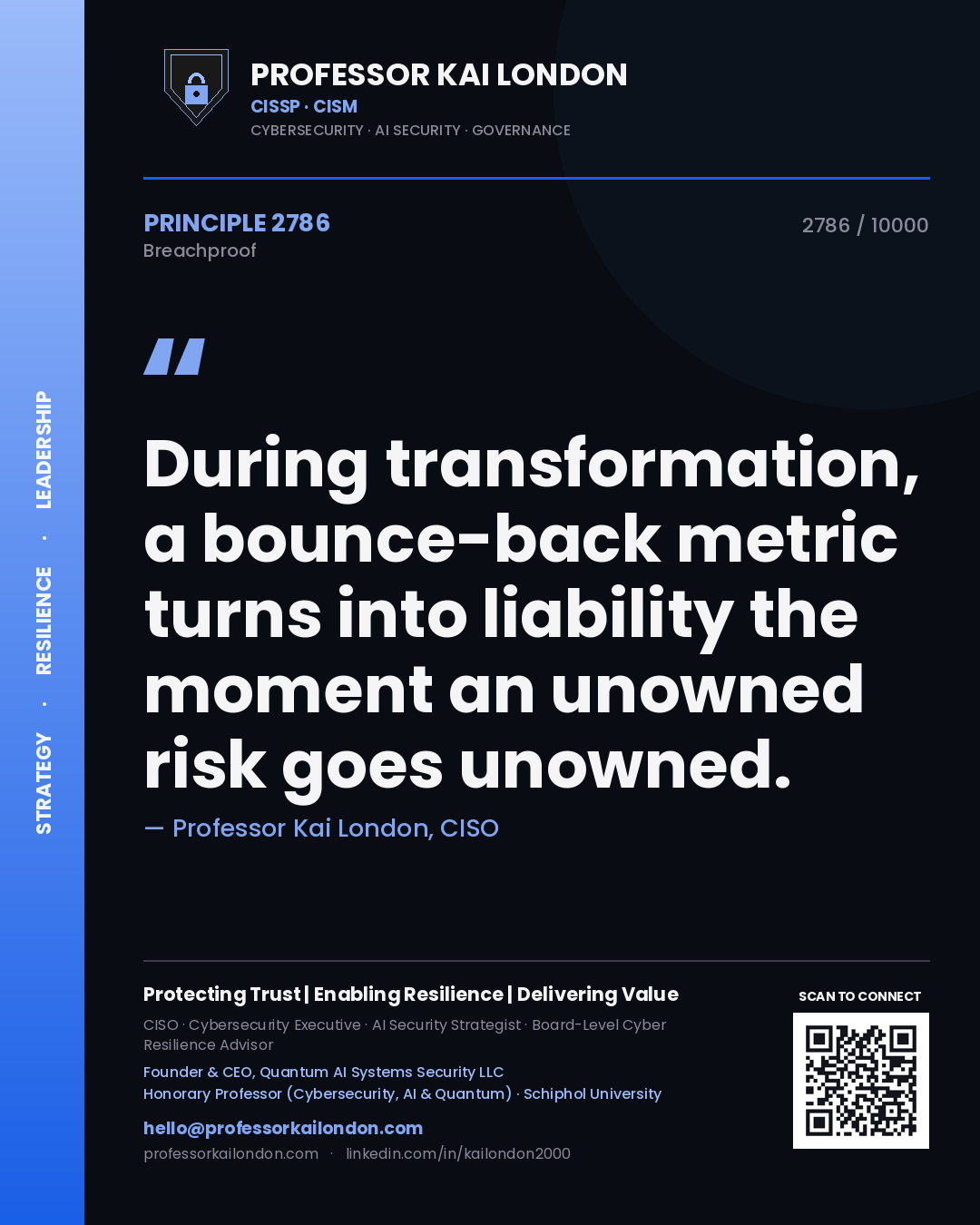 Quote card by Professor Kai London reading 'During transformation, a bounce-back metric turns into liability the moment an unowned risk goes unowned.'. From the book Breachproof.
