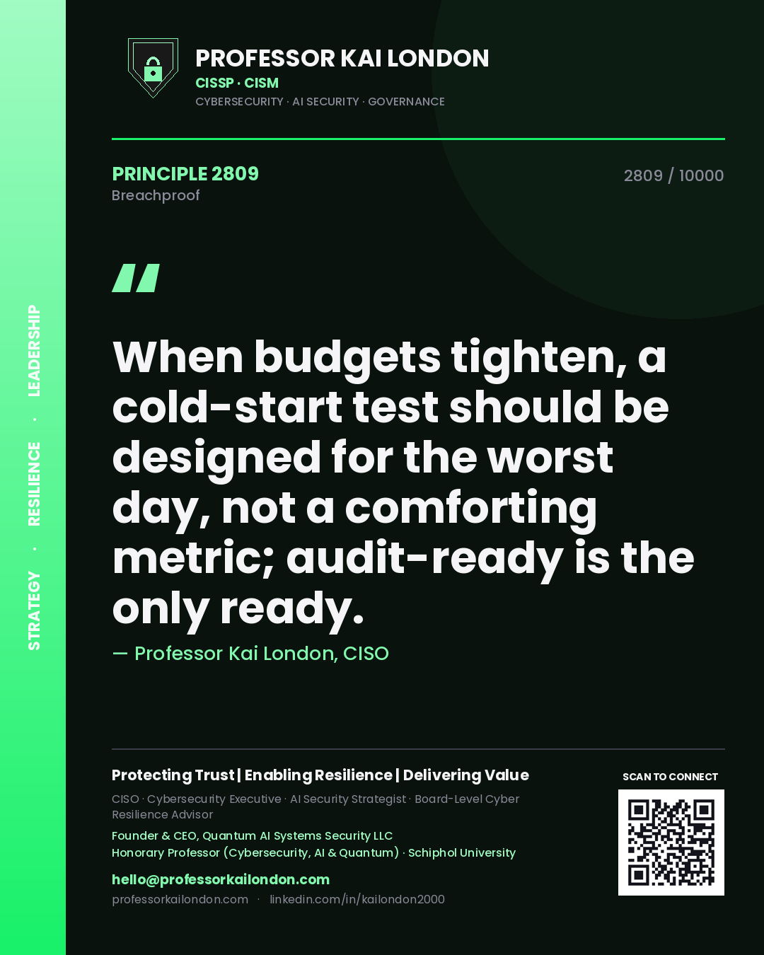 Quote card by Professor Kai London reading 'When budgets tighten, a cold-start test should be designed for the worst day, not a comforting metric; audit-ready is the only ready.'. From the book Breachproof.