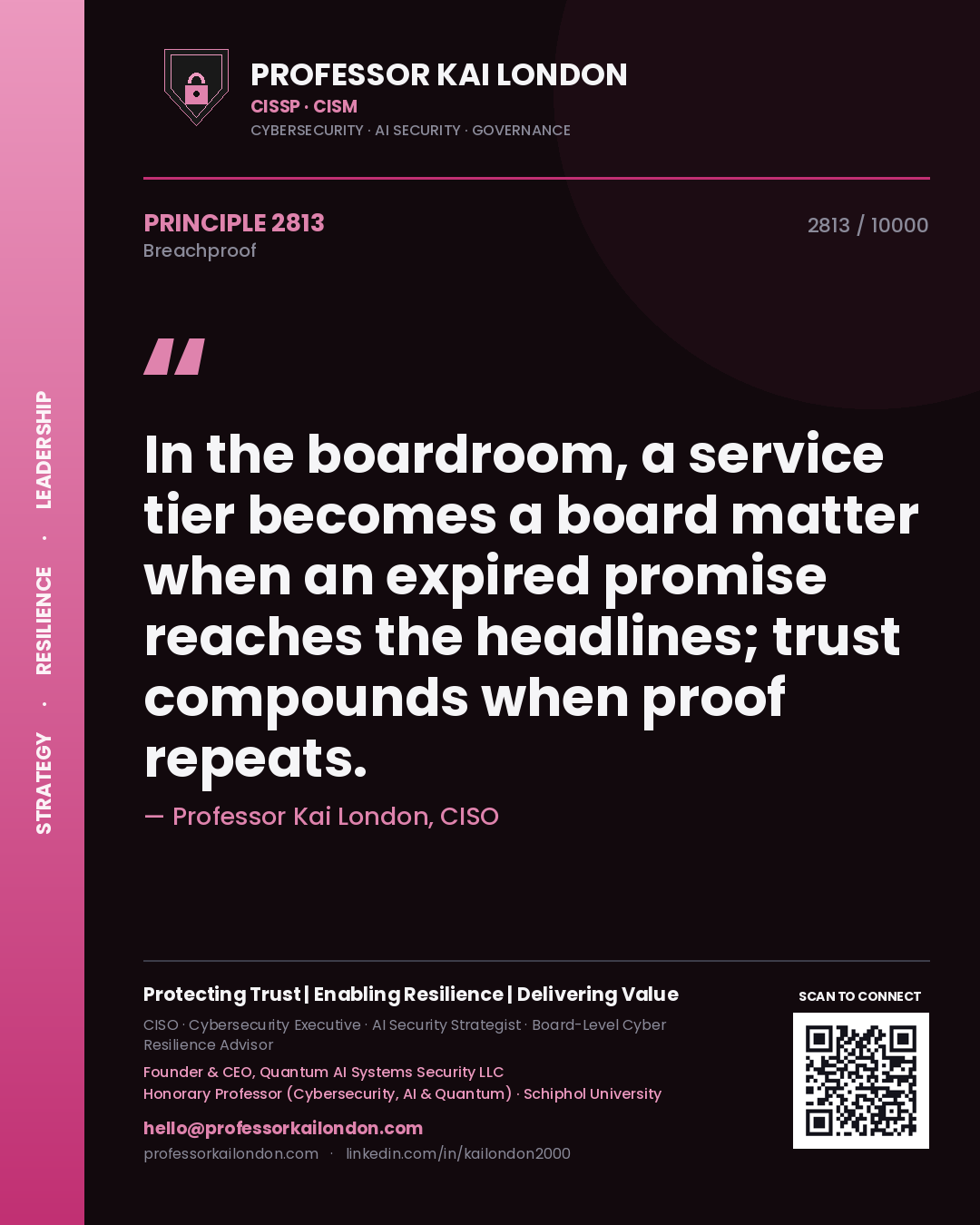 Quote card by Professor Kai London reading 'In the boardroom, a service tier becomes a board matter when an expired promise reaches the headlines; trust compounds when proof repeats.'. From the book Breachproof.