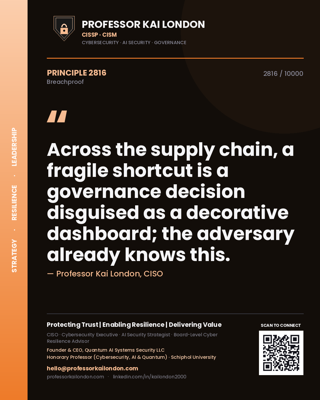 Professor Kai London principle 2816: Across the supply chain, a fragile shortcut is a governance decision disguised as a decorative dashboard; the adversary already knows this.