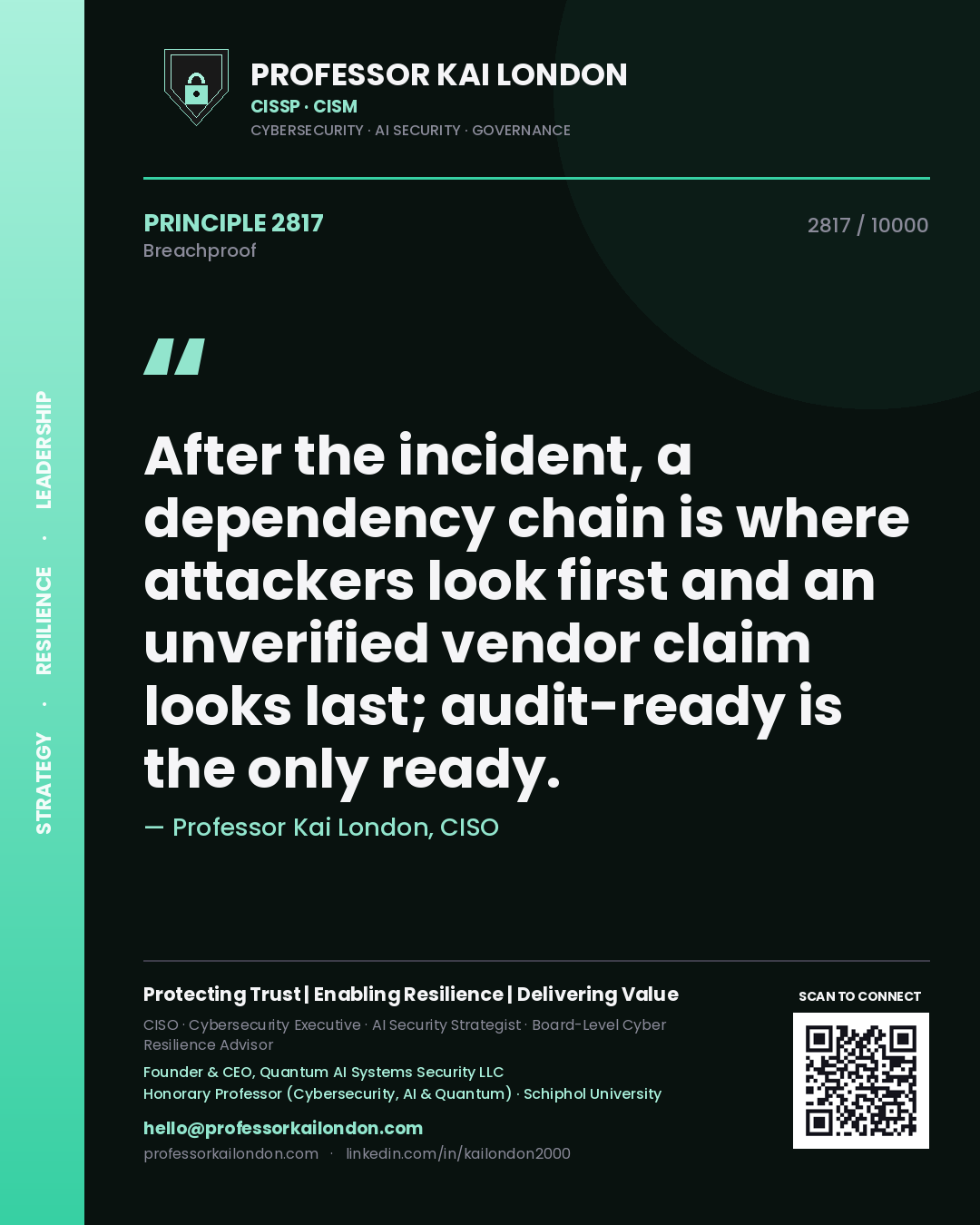 Quote card by Professor Kai London reading 'After the incident, a dependency chain is where attackers look first and an unverified vendor claim looks last; audit-ready is the only ready.'. From the book Breachproof.