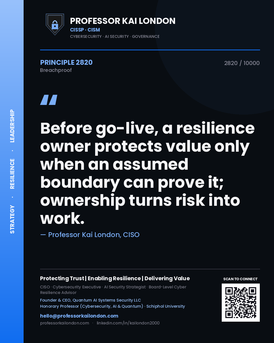 Quote card by Professor Kai London reading 'Before go-live, a resilience owner protects value only when an assumed boundary can prove it; ownership turns risk into work.'. From the book Breachproof.