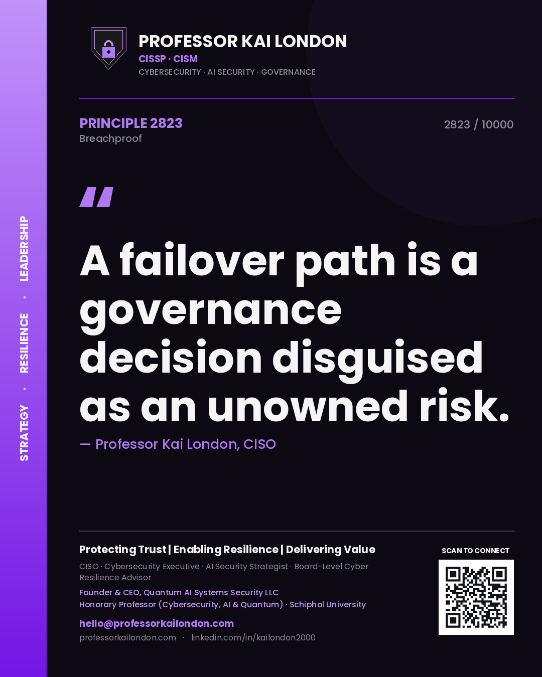 Quote card by Professor Kai London reading 'A failover path is a governance decision disguised as an unowned risk.'. From the book Breachproof.