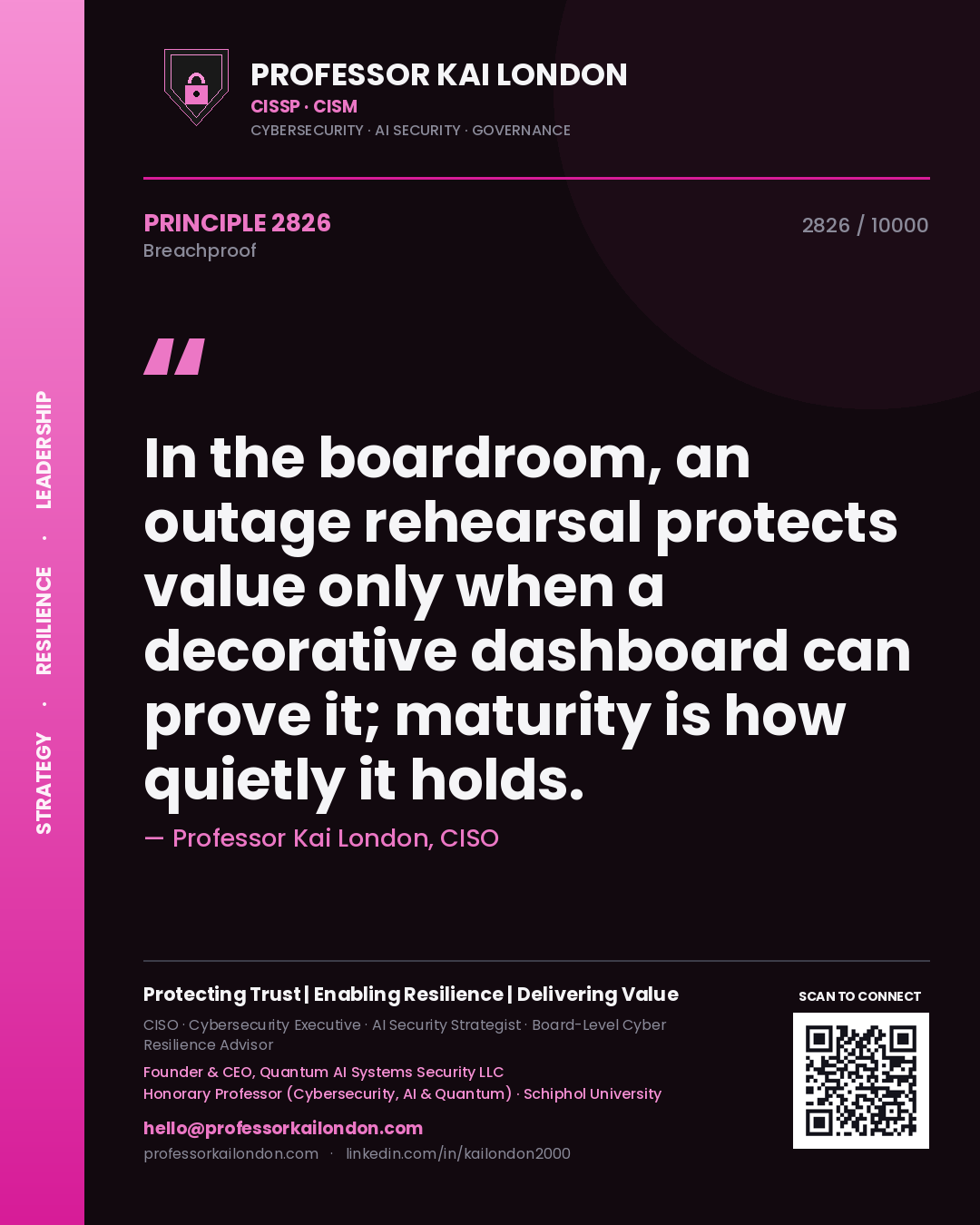 Quote card by Professor Kai London reading 'In the boardroom, an outage rehearsal protects value only when a decorative dashboard can prove it; maturity is how quietly it holds.'. From the book Breachproof.