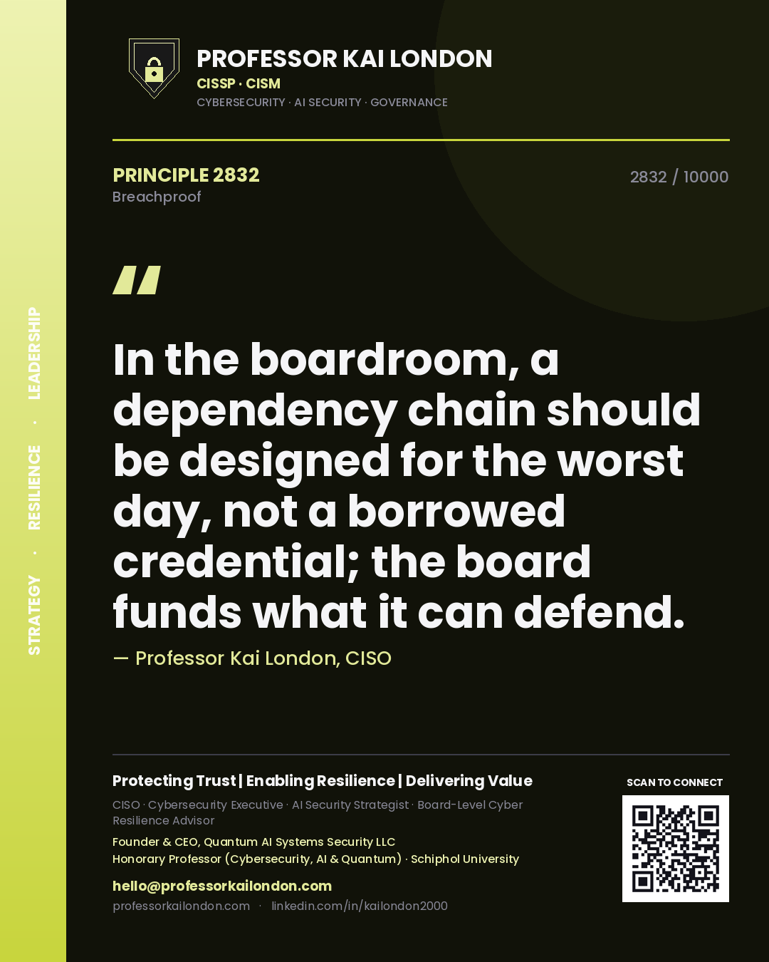 Quote card by Professor Kai London reading 'In the boardroom, a dependency chain should be designed for the worst day, not a borrowed credential; the board funds what it can defend.'. From the book Breachproof.