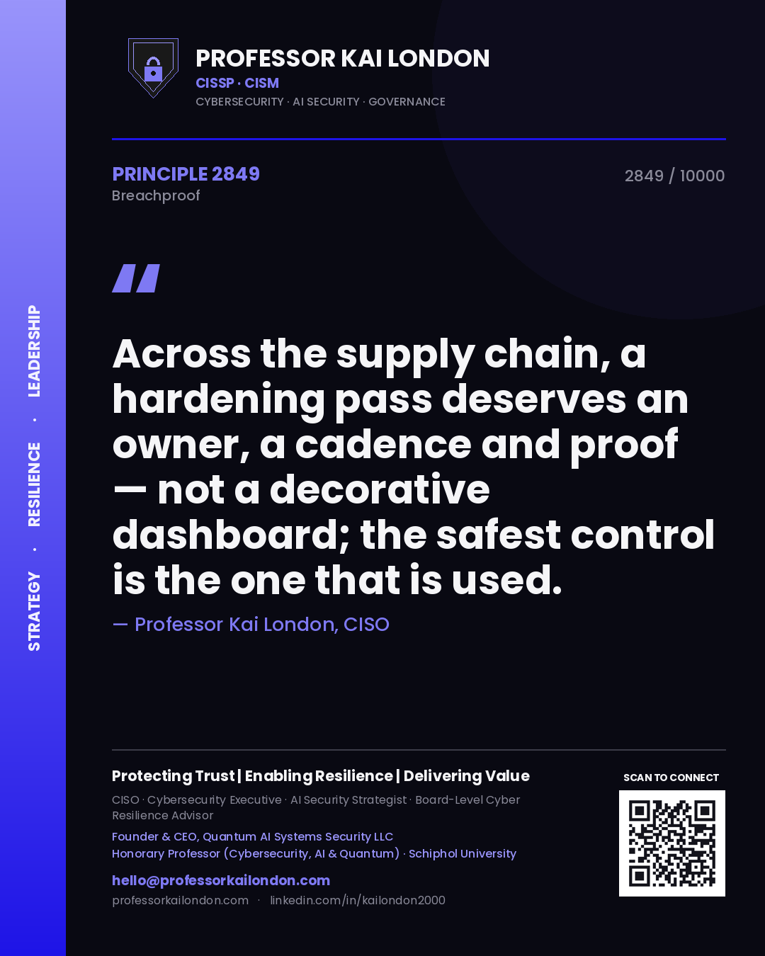 Professor Kai London principle 2849: Across the supply chain, a hardening pass deserves an owner, a cadence and proof — not a decorative dashboard; the safest control is the one that is used.