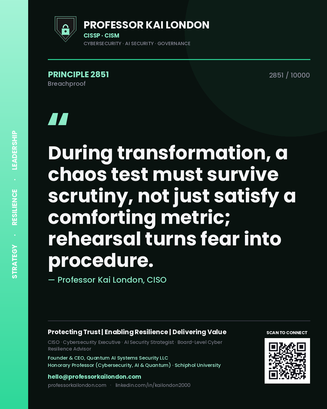 Quote card by Professor Kai London reading 'During transformation, a chaos test must survive scrutiny, not just satisfy a comforting metric; rehearsal turns fear into procedure.'. From the book Breachproof.