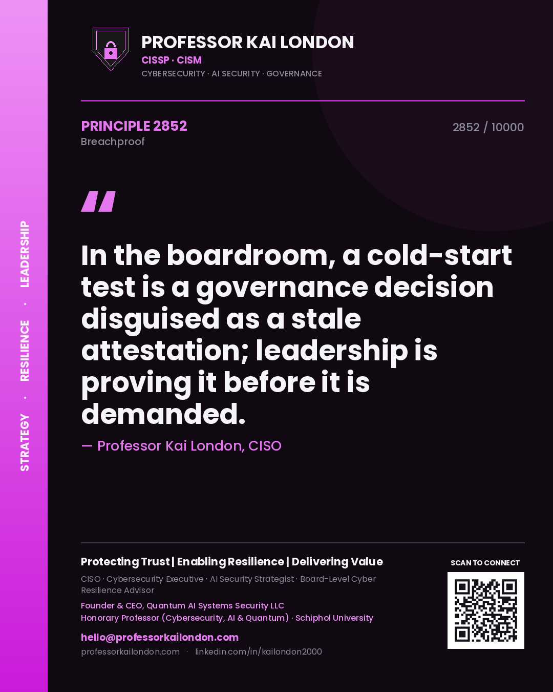 Professor Kai London principle 2852: In the boardroom, a cold-start test is a governance decision disguised as a stale attestation; leadership is proving it before it is demanded.