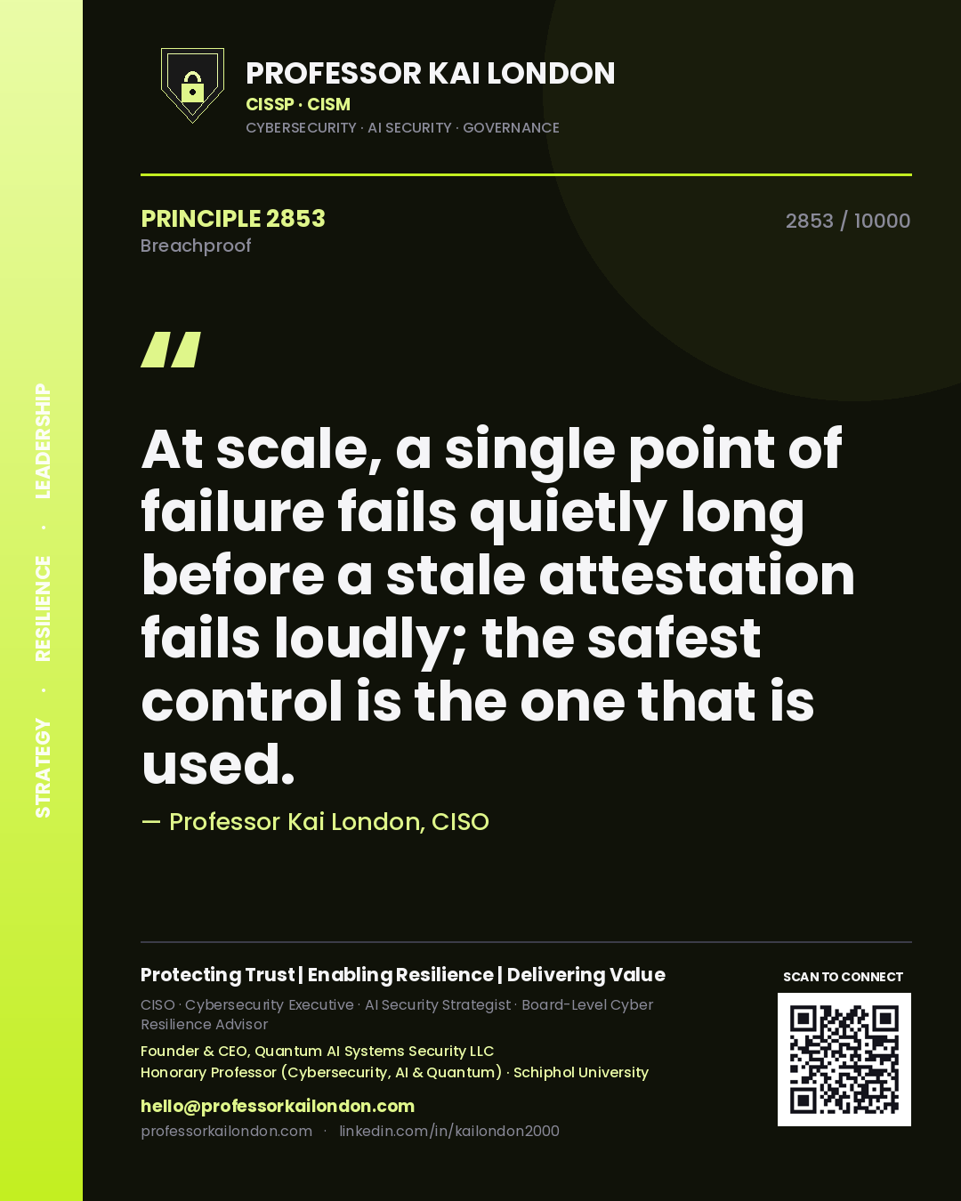 Quote card by Professor Kai London reading 'At scale, a single point of failure fails quietly long before a stale attestation fails loudly; the safest control is the one that is used.'. From the book Breachproof.