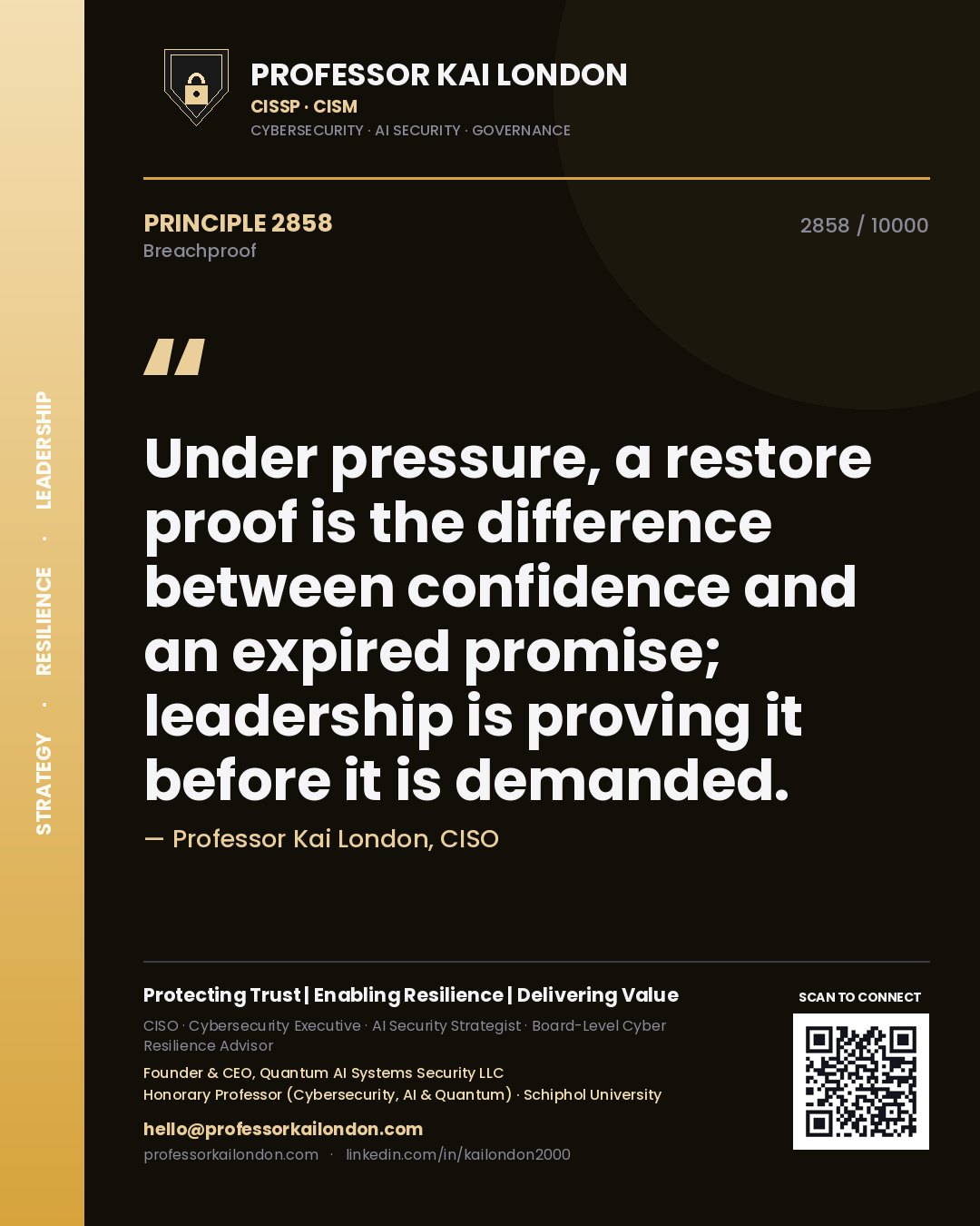 Quote card by Professor Kai London reading 'Under pressure, a restore proof is the difference between confidence and an expired promise; leadership is proving it before it is demanded.'. From the book Breachproof.