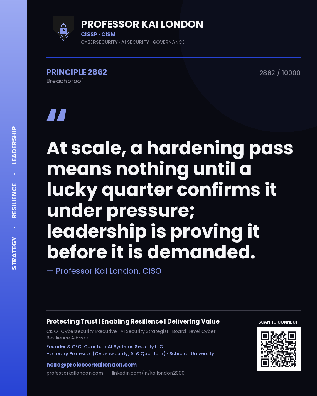Professor Kai London principle 2862: At scale, a hardening pass means nothing until a lucky quarter confirms it under pressure; leadership is proving it before it is demanded.