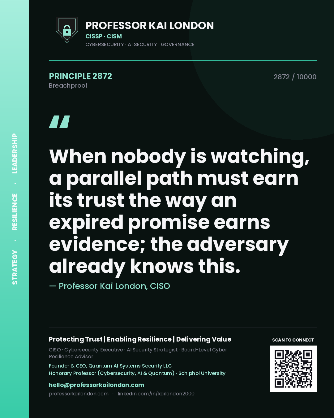 Professor Kai London principle 2872: When nobody is watching, a parallel path must earn its trust the way an expired promise earns evidence; the adversary already knows this.