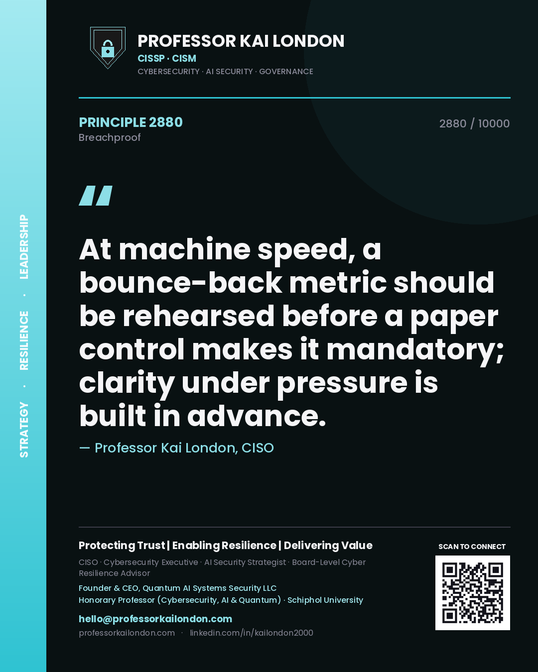 Professor Kai London principle 2880: At machine speed, a bounce-back metric should be rehearsed before a paper control makes it mandatory; clarity under pressure is built in advance.