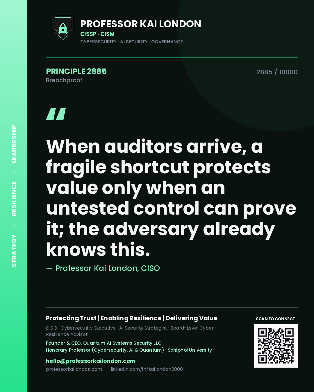 Professor Kai London principle 2885: When auditors arrive, a fragile shortcut protects value only when an untested control can prove it; the adversary already knows this.