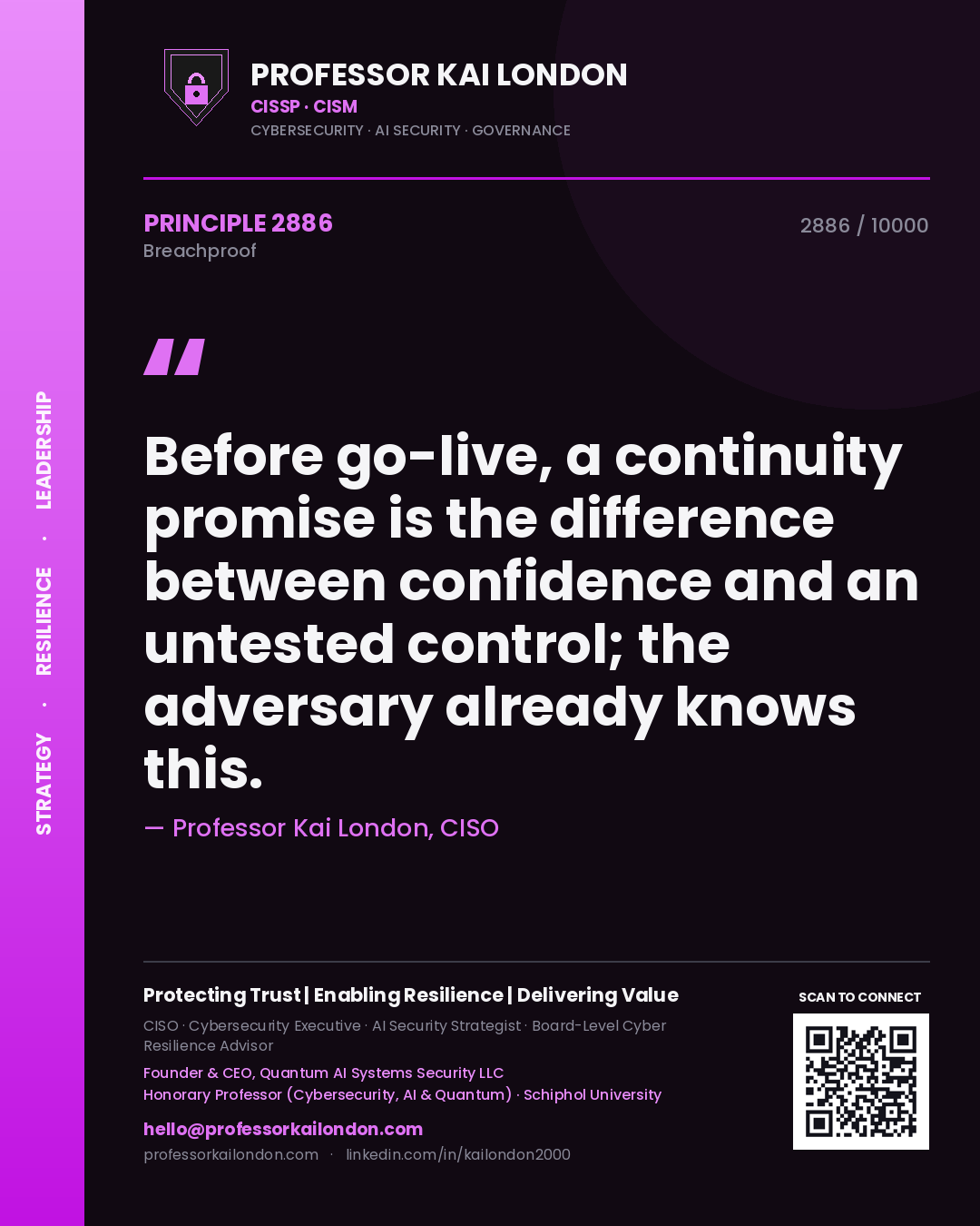 Quote card by Professor Kai London reading 'Before go-live, a continuity promise is the difference between confidence and an untested control; the adversary already knows this.'. From the book Breachproof.