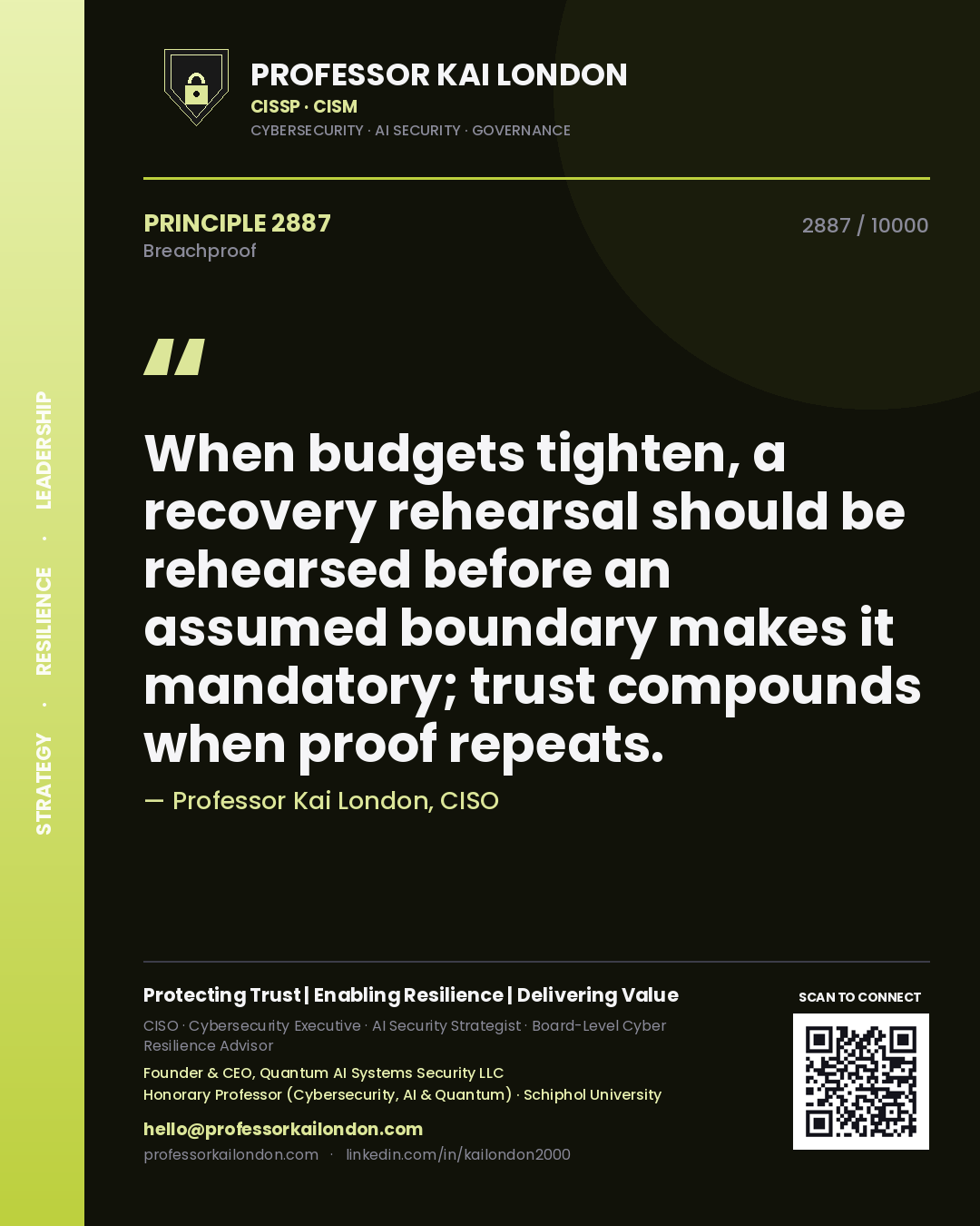 Professor Kai London principle 2887: When budgets tighten, a recovery rehearsal should be rehearsed before an assumed boundary makes it mandatory; trust compounds when proof repeats.