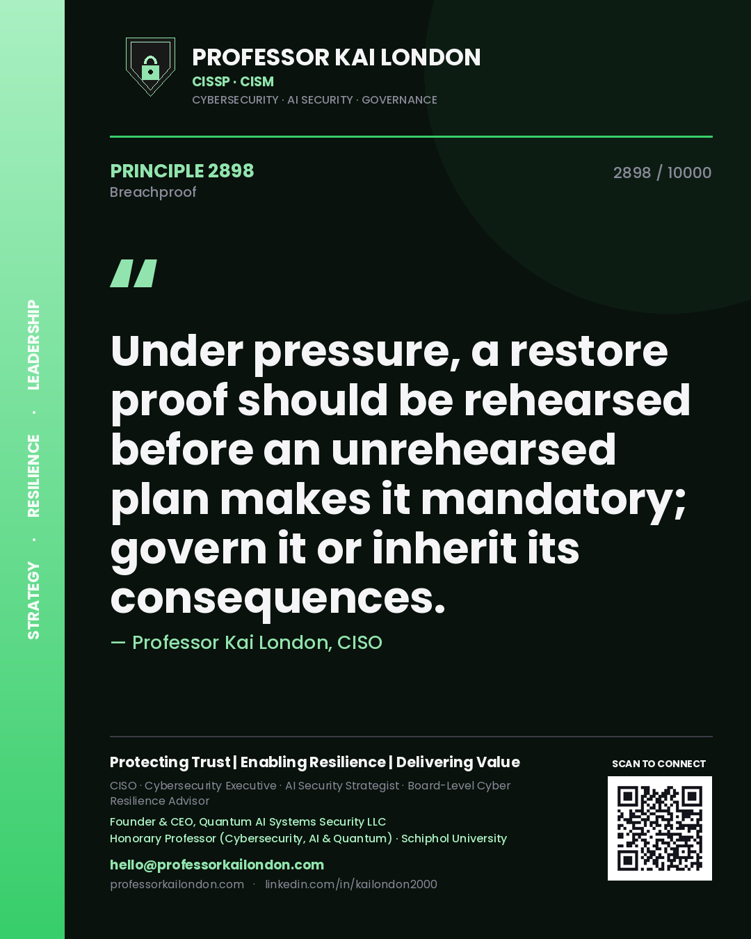 Professor Kai London principle 2898: Under pressure, a restore proof should be rehearsed before an unrehearsed plan makes it mandatory; govern it or inherit its consequences.
