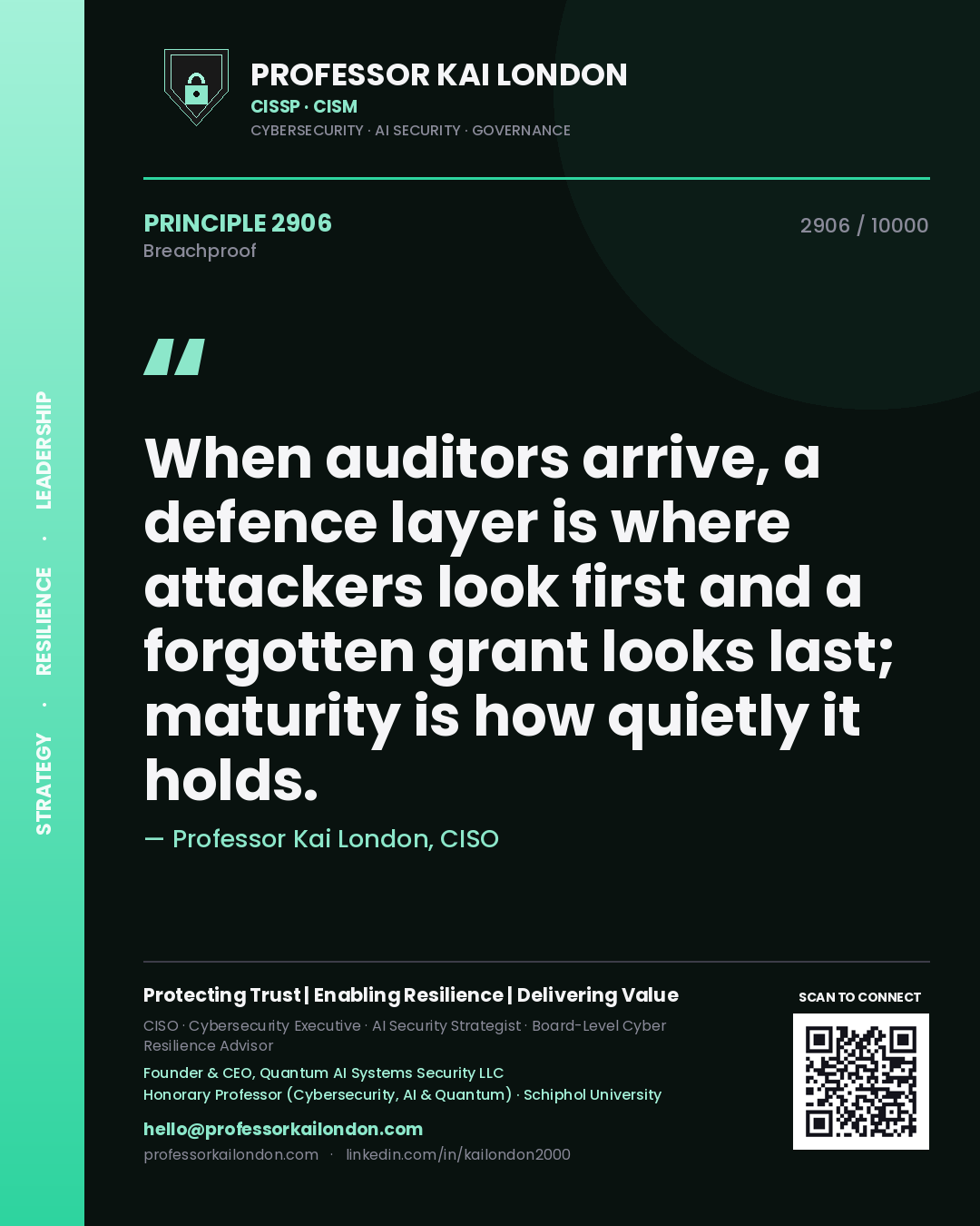 Quote card by Professor Kai London reading 'When auditors arrive, a defence layer is where attackers look first and a forgotten grant looks last; maturity is how quietly it holds.'. From the book Breachproof.