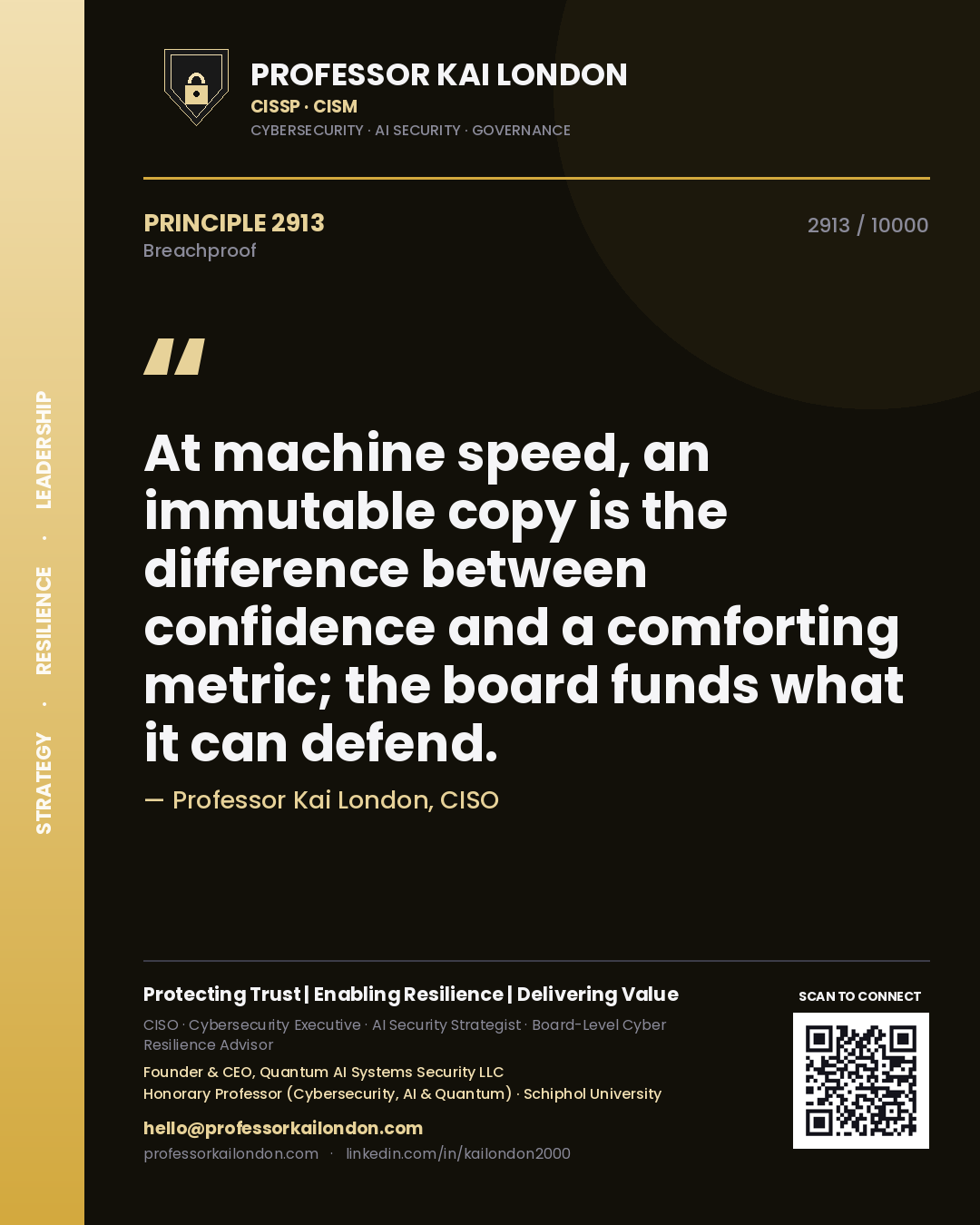 Quote card by Professor Kai London reading 'At machine speed, an immutable copy is the difference between confidence and a comforting metric; the board funds what it can defend.'. From the book Breachproof.