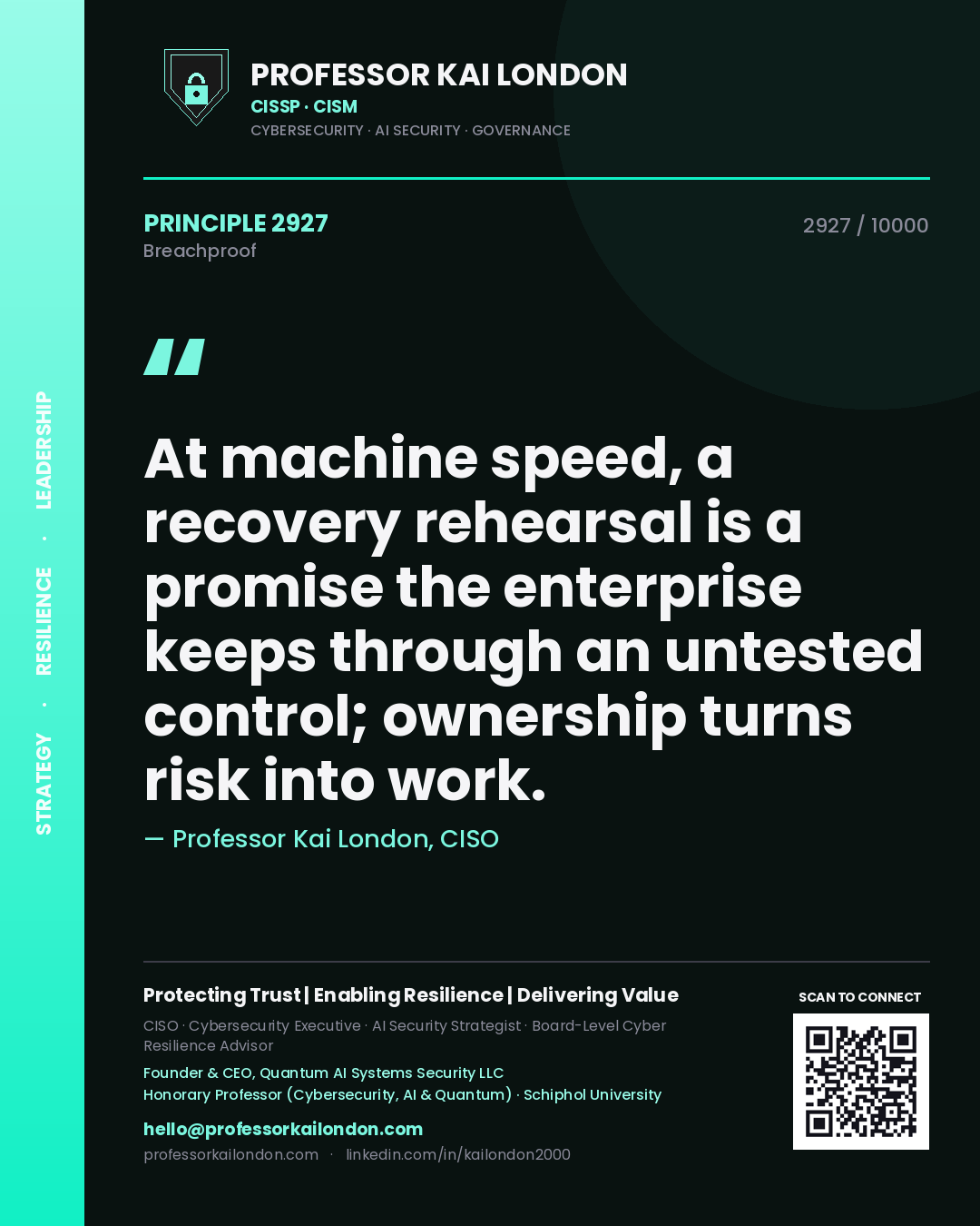 Quote card by Professor Kai London reading 'At machine speed, a recovery rehearsal is a promise the enterprise keeps through an untested control; ownership turns risk into work.'. From the book Breachproof.
