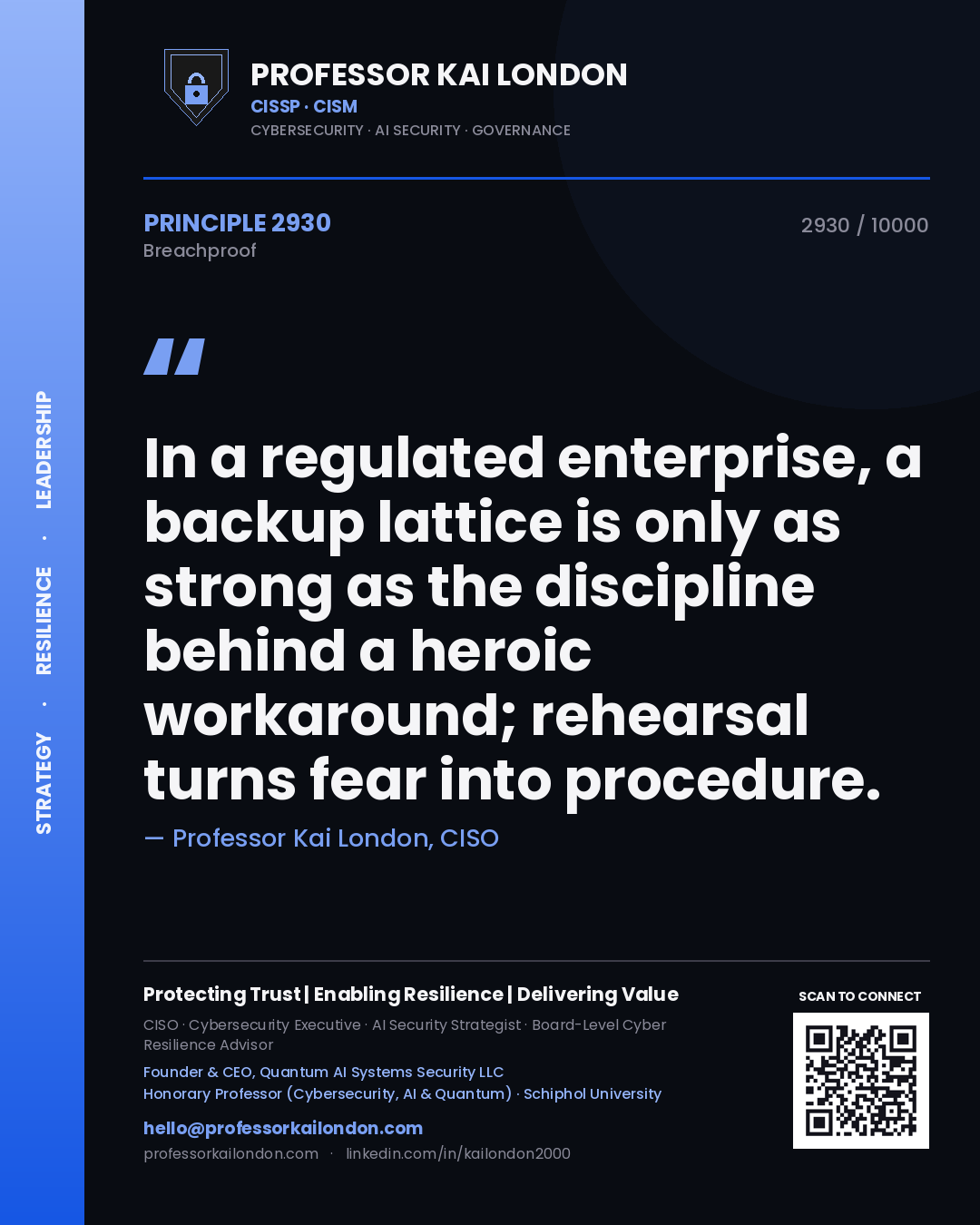 Quote card by Professor Kai London reading 'In a regulated enterprise, a backup lattice is only as strong as the discipline behind a heroic workaround; rehearsal turns fear into procedure.'. From the book Breachproof.