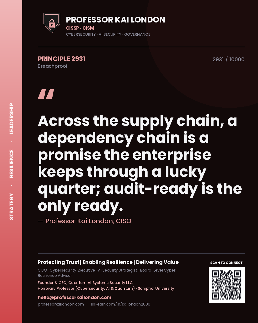 Quote card by Professor Kai London reading 'Across the supply chain, a dependency chain is a promise the enterprise keeps through a lucky quarter; audit-ready is the only ready.'. From the book Breachproof.