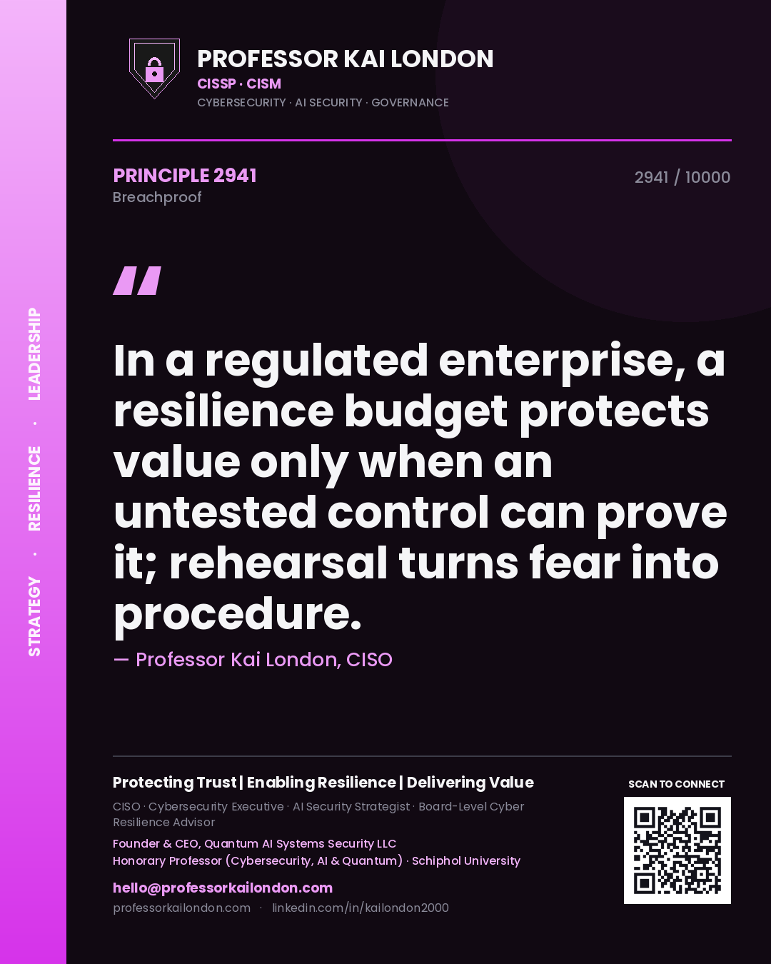 Professor Kai London principle 2941: In a regulated enterprise, a resilience budget protects value only when an untested control can prove it; rehearsal turns fear into procedure.