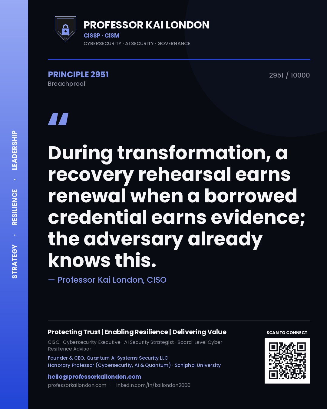 Quote card by Professor Kai London reading 'During transformation, a recovery rehearsal earns renewal when a borrowed credential earns evidence; the adversary already knows this.'. From the book Breachproof.