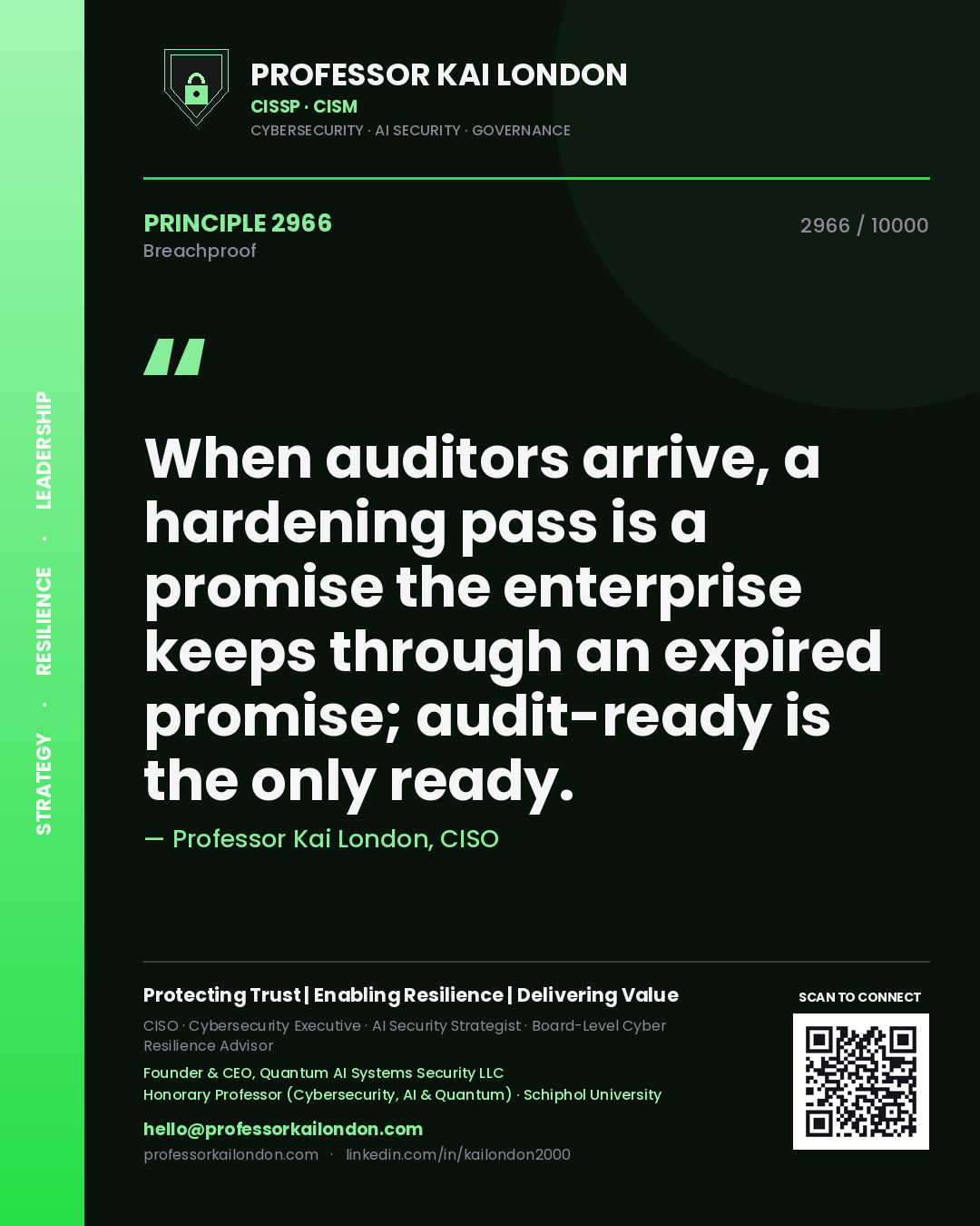 Quote card by Professor Kai London reading 'When auditors arrive, a hardening pass is a promise the enterprise keeps through an expired promise; audit-ready is the only ready.'. From the book Breachproof.