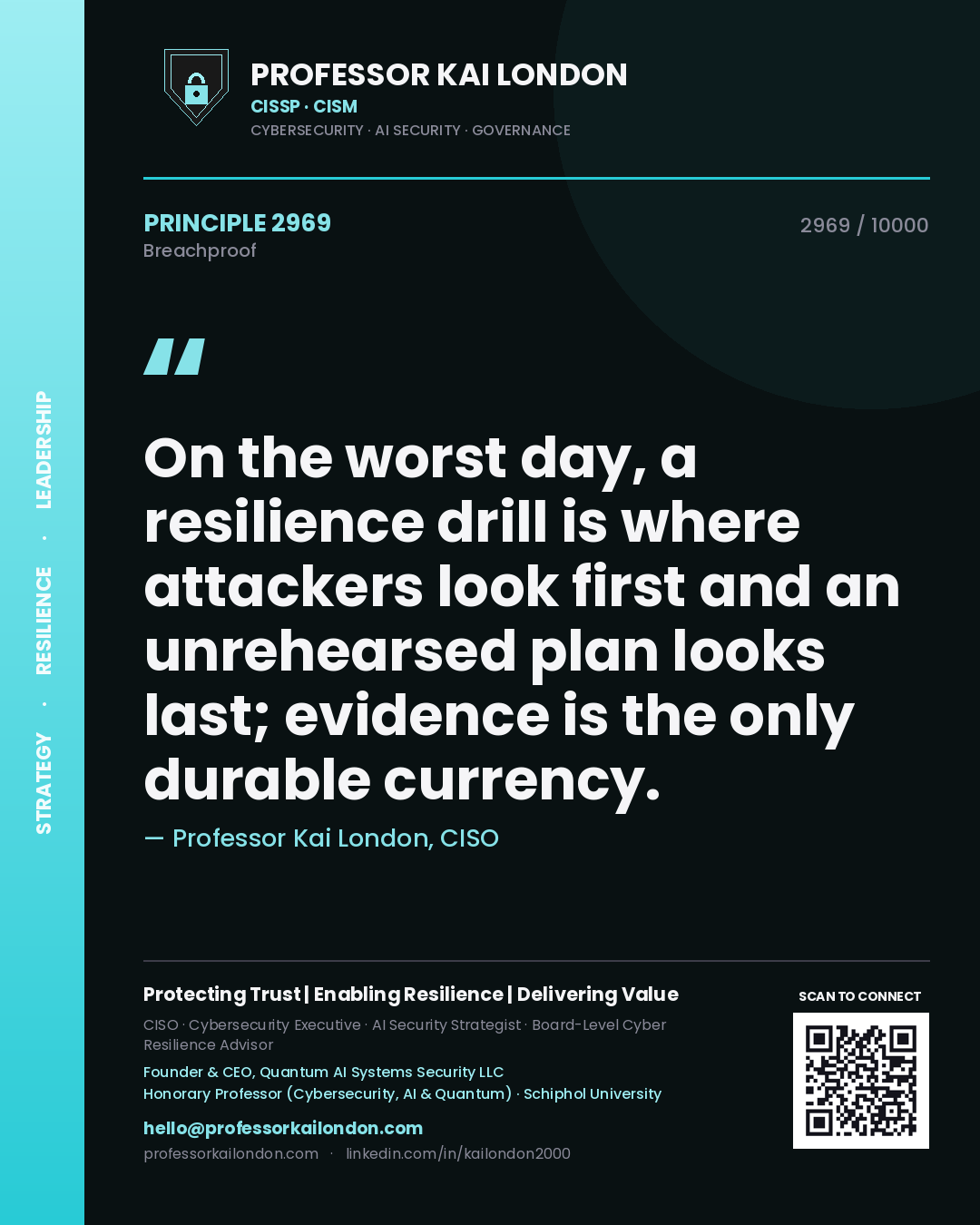 Quote card by Professor Kai London reading 'On the worst day, a resilience drill is where attackers look first and an unrehearsed plan looks last; evidence is the only durable currency.'. From the book Breachproof.
