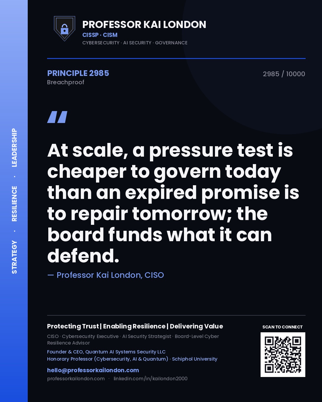 Professor Kai London principle 2985: At scale, a pressure test is cheaper to govern today than an expired promise is to repair tomorrow; the board funds what it can defend.
